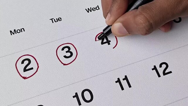 Close up of hand planning and marking day four on a white calendar