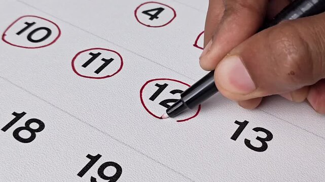 Hand circling number 12 on a monthly calendar planner