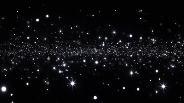 Pure white luminous particles drift through deep black background with crystal sparkle, volumetric lighting and cinematic depth, creating refined luxury atmosphere with expansive copy space.