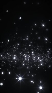 Pure white luminous particles drift through deep black background with crystal sparkle, volumetric lighting and cinematic depth, creating refined luxury atmosphere with expansive copy space.