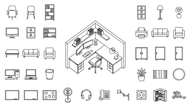 Isometric office furniture icons set, modern workspace interior elements vector, minimalist business equipment and workstation line art collection