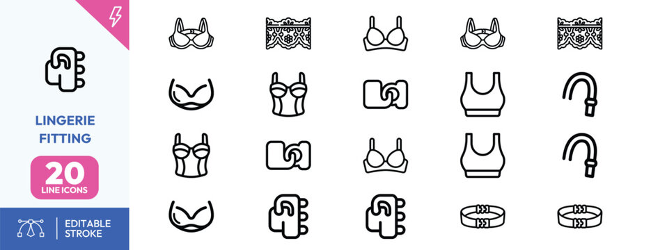 Garment Fitting Tools icon set. Containing bra cups, straps, corset laces, panties, tape measure, and fitting accessories. Editable stroke. Vector illustration.