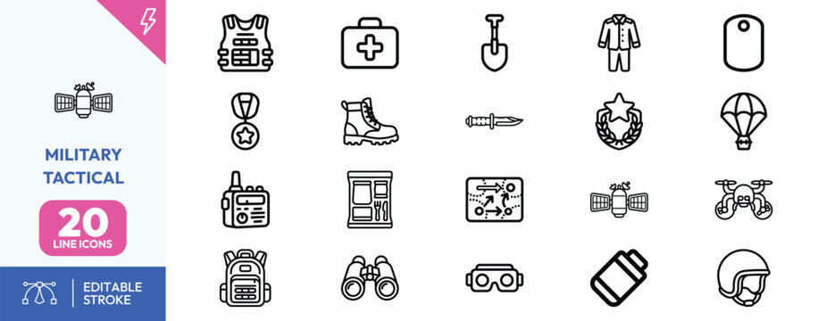 Tactical Operations Equipment icon set. Containing body armor, medical kit, shovel, uniform, dog tag, parachute, medal, boots, knife, laurel wreath, satellite. Editable stroke. Vector illustration.