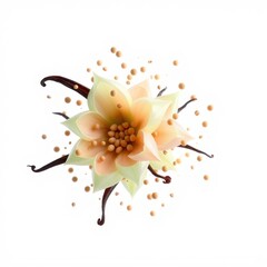 Fototapeta premium Vanilla flower blooms, surrounded by tiny seeds. Delicate petals, dark bean accents create beautiful composition.