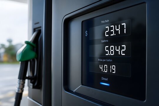 Digital display on a gas pump showing fuel cost and gallons.