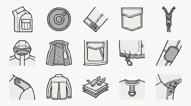 Minimalist Black and White Line Drawing Icons Set of Various Clothing Fasteners and Garment Details