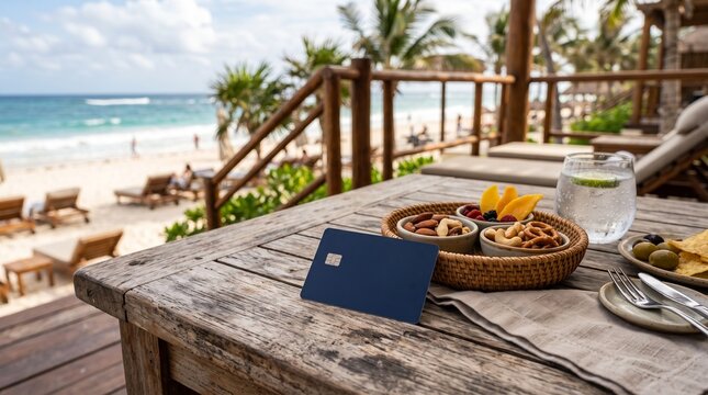 A blue card rests on a rustic wooden table at a beachside resort, with a refreshing drink and snacks in the foreground and the ocean and beach in the background
