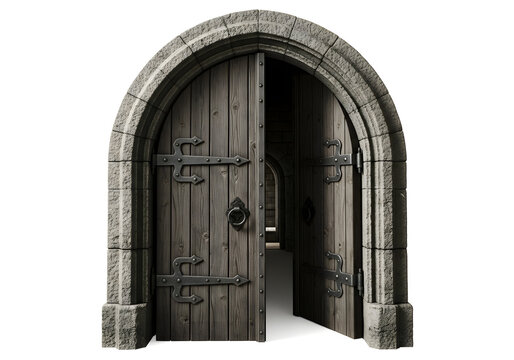Ancient wooden double door with arched stone frame open to dark interior vintage rustic architecture entrance