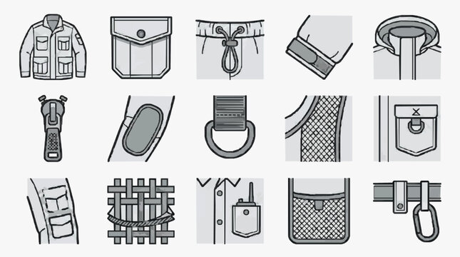 Clean Minimalist Sketches of Various Functional Outdoor Gear and Clothing Fastening Techniques in Monochrome