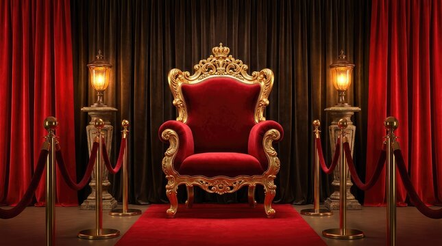 Ornate golden royal throne with deep red velvet cushions sits centered before dark elegant fabric curtains