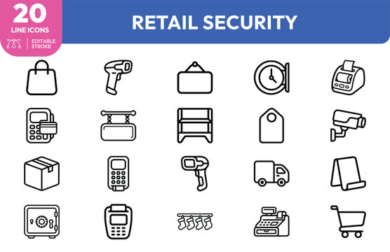 Retail Anti-Theft icon set. Containing handheld scanner, security tag, surveillance camera, cash register, shopping cart, box, delivery truck, safe, tagging gun. Editable stroke. Vector illustration.