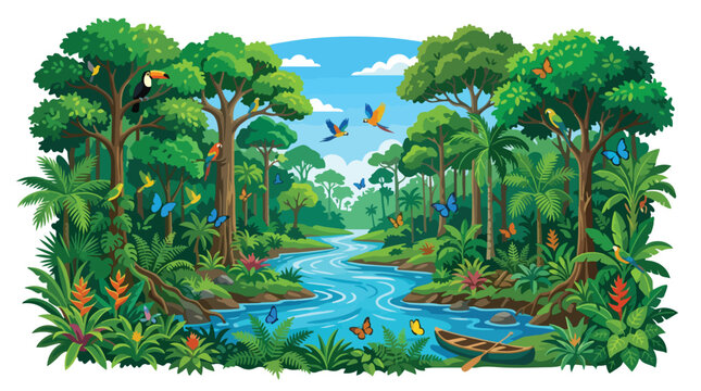 Tropical rainforest landscape with a winding blue river lush green trees exotic toucans macaws and colorful butterflies in the Amazon jungle during the day