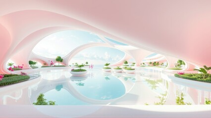 Naklejka premium Futuristic interior features curved walls, water reflections, lush plants. Soft pink hues dominate design, creating serene atmosphere.