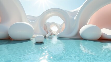 Fototapeta premium Surreal architecture floats above turquoise water. Smooth shapes create organic tunnels, bathed in bright sunlight. Dreamlike scene evokes calm.