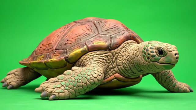 A turtle walks across a green surface with its shell and legs visible