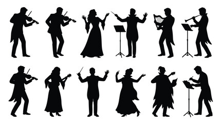 Big set of classical music musicians silhouettes black icon and character. Design of orchestra performers, violinist, opera singer, conductor, harpist, and guitarist for concert events, icons © Itx Musa