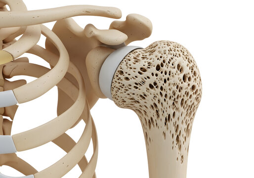 Human skeleton model, detailed view of ribcage and femur bone structure