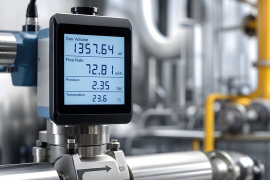 Industrial digital display unit monitoring process data on piping.