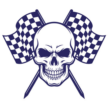 A detailed of a human skull positioned in front of two crossed checkered racing flags, rendered in a bold dark blue line style, t-shirt poster isolated on a white background, for racing