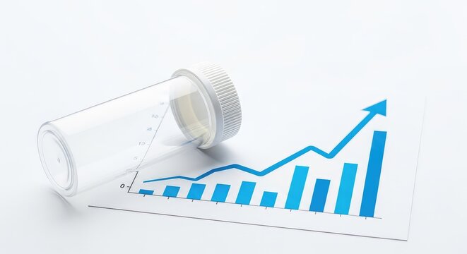 A plastic medication container rests beside a statistical chart with a climbing arrow illustrating the growth of healthcare expenditures, cost, healthcare, medicine