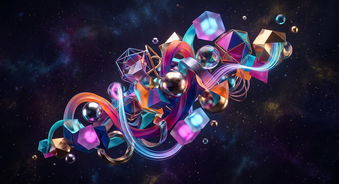 Escultura geom&eacute;trica abstracta 3D del espacio profundo: cubos de ne&oacute;n, esferas met&aacute;licas, cordones luminosos y poliedros de gemas oscuras flotando en una nebulosa c&oacute;smica, concepto cient&iacute;fico