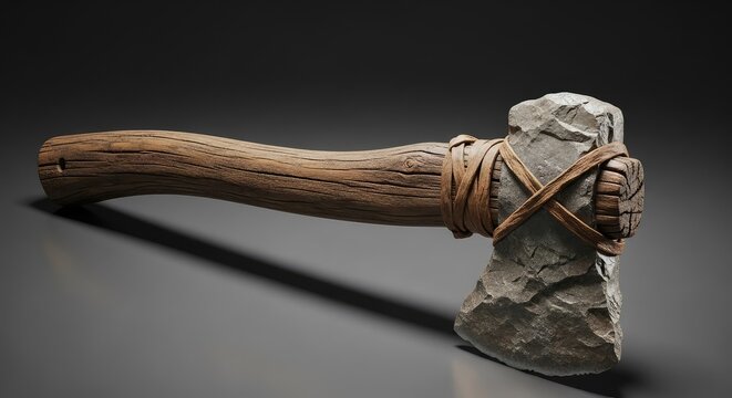 A primitive stone axe with an aged wooden handle sits on a dark studio surface, showcasing ancient craftsmanship and weathered textures, flint, close-up, archaeology