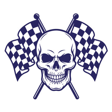A of a human skull placed in front of two crossed checkered racing flags, rendered in a bold dark blue line style, t-shirt poster isolated on a white background, racing themes