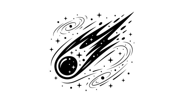 Cosmic Meteorite Trail with Swirling Galaxies and Stars - Black and White