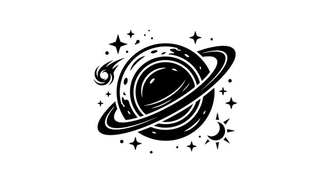Cosmic Planet Ringed Starry Space Illustration Black and White