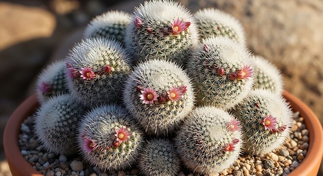 Close-up of a Cluster of Small Cactus Succulents in a Pot.