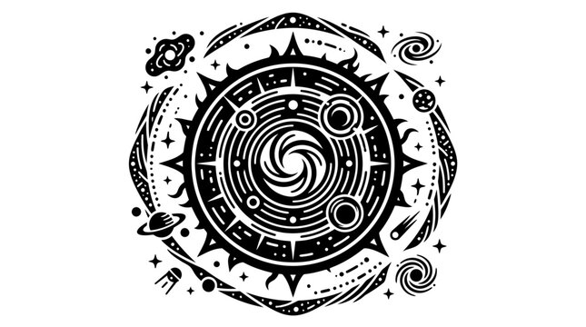 Cosmic Swirl Galaxy Sun Black and White Vector Art