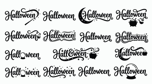 Big set of Halloween silhouettes black icon and character. Design of witch creepy and spooky elements for decorations, lettering, calligraphy, script, cauldron, potion, moon, magic, vector icon.