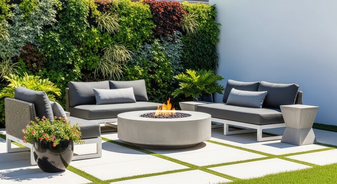 A sleek modern backyard patio features a circular concrete fire pit surrounded by stylish seating and a lush green vertical garden wall, concrete, seating, design