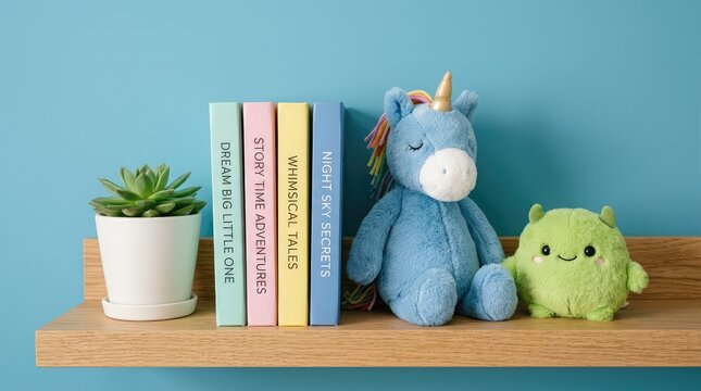 Soft blue unicorn plush toy sits beside colorful storybooks and a green succulent on shelves