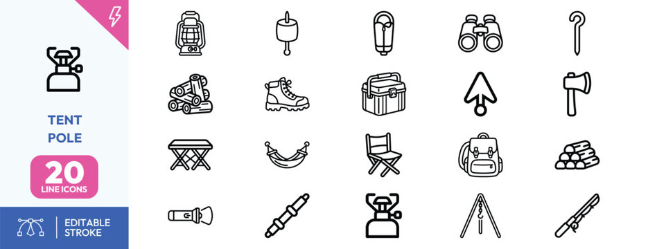 Wilderness Survival Gear icon set. Containing lantern, hiking boots, binoculars, backpack, axe, tent pole, sleeping bag, fire extinguisher, compass, and more. Editable stroke. Vector illustration.