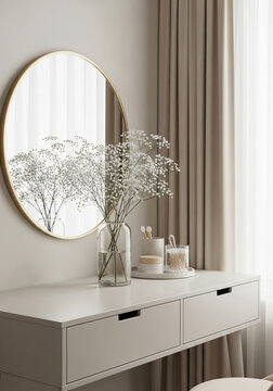 Dressing table setup with round mirror, floral arrangement and cream-colored stool