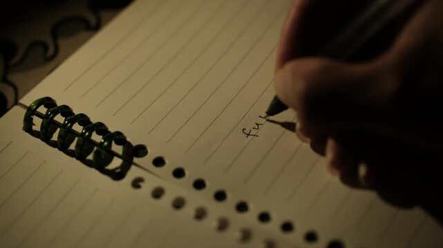 Macro shot of person writing future in a diary with cinematic warm lighting