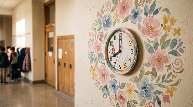 Vintage Floral Wall Clock in School Hallway