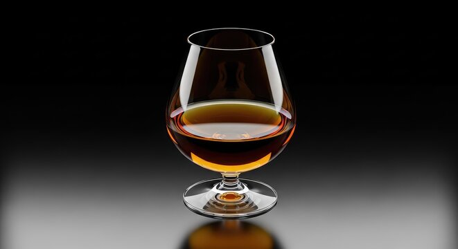 An elegant snifter filled with rich amber cognac rests on a dark reflective surface, highlighting warm golden tones against a black backdrop, stemware, glow, brown