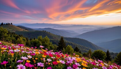 Fototapeta premium Sunrise Over Lush Mountain Valley with Wildflowers