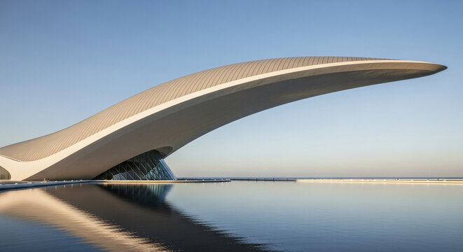 Futuristic building with curved design and tree by water