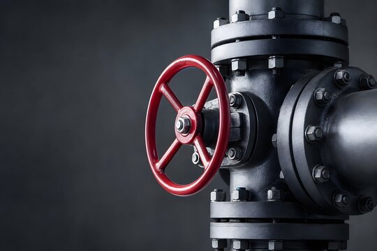 Industrial Pipe System with Red Valve Wheel on Dark Background.