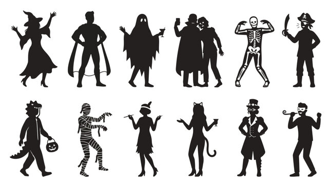 Big set of halloween silhouettes black icon and character collection. Design of witch, superhero, ghost, vampire, zombie, skeleton, pirate, mummy, cat, steampunk and flapper for spooky decor.