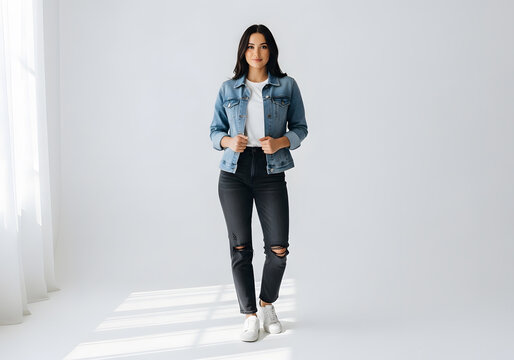 Young woman in denim jacket and ripped jeans standing in bright room