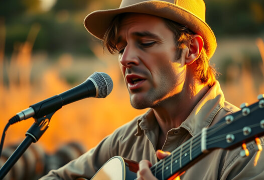 Male guitarist singing country ballad outdoors at sunset