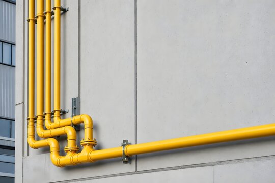 Yellow Industrial Pipes Mounted on Concrete Wall