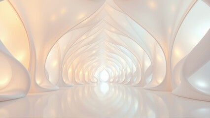 Fototapeta premium Futuristic interior. Smooth white walls form repeating archways. Light source distant, creating glowing effect. Minimalist design, clean lines.