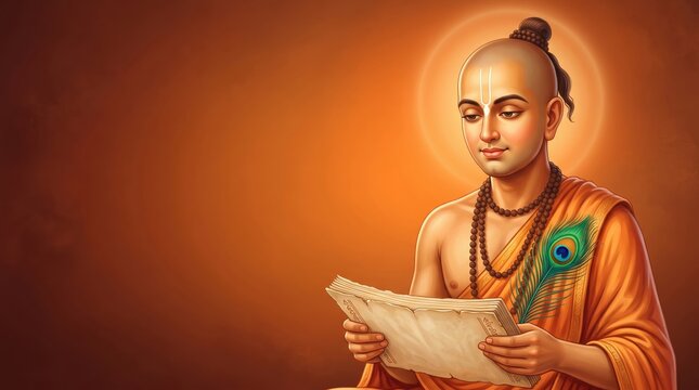 Ancient indian philosopher chanakya reading a traditional manuscript with peacock feather and tulsidas jayanti