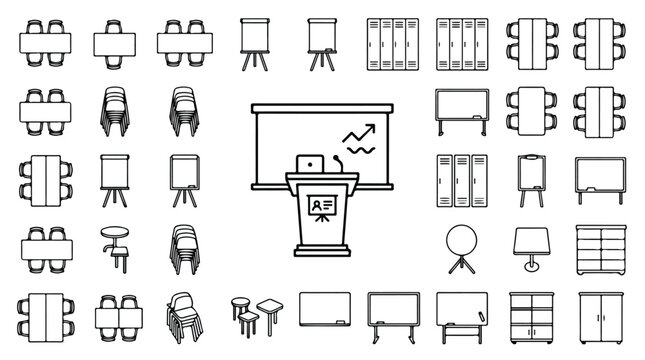 Office furniture floor plan icons, conference room layout symbols vector set, architectural top view interior design elements for workspace planning