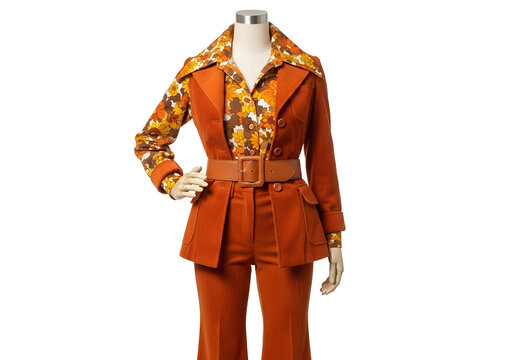 Vintage orange floral suit on mannequin, retro fashion clothing